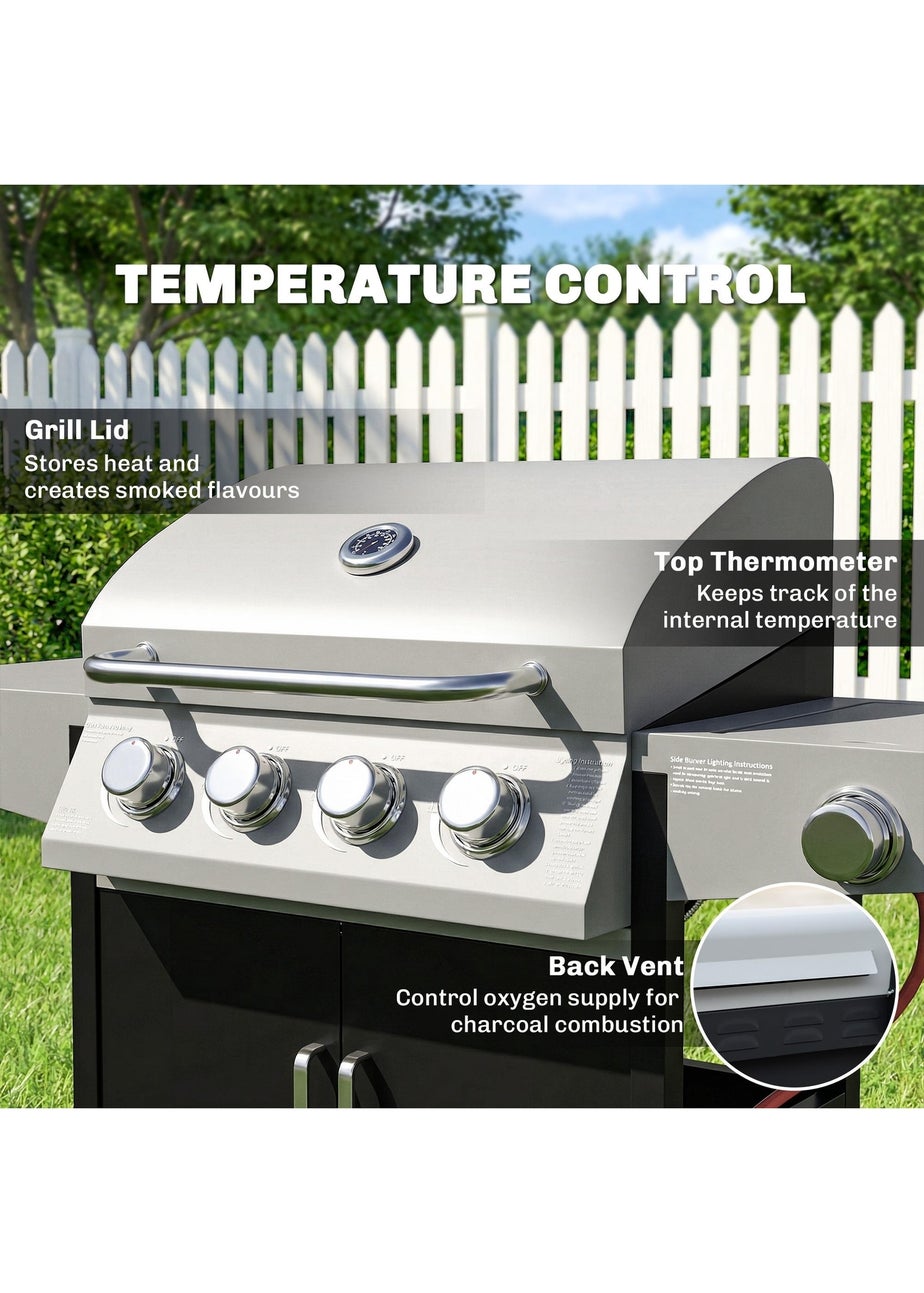 Outsunny Silver Gas BBQ Grill with Side Burner 4+1 burner