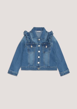 Girls Mid Wash Frill Denim Jacket 4 13yrs