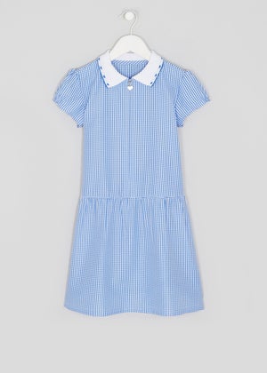 Girls Blue Generous Fit Knitted Collar Gingham School Dress 3 14yrs Matalan