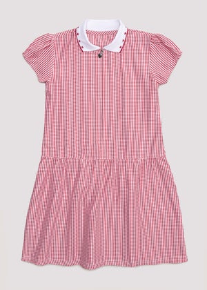 Girls Red Generous Fit Knitted Collar Gingham School Dress 3 14yrs Matalan
