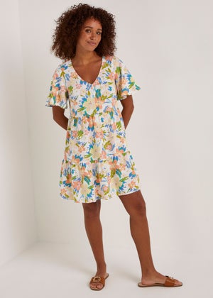 Multicoloured Floral Linen Blend Tiered Mini Dress Matalan