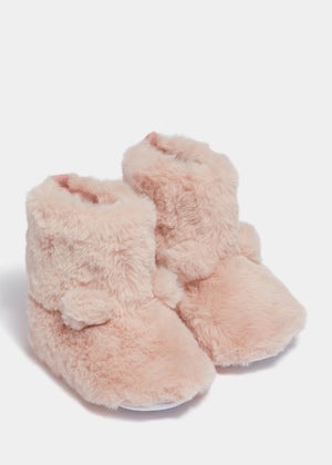 Pink Bunny Faux Fur Soft Sole Baby Boots Newborn 18mths