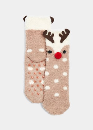 Kids Brown Christmas Reindeer Slipper Socks Younger 6 Older 5.5