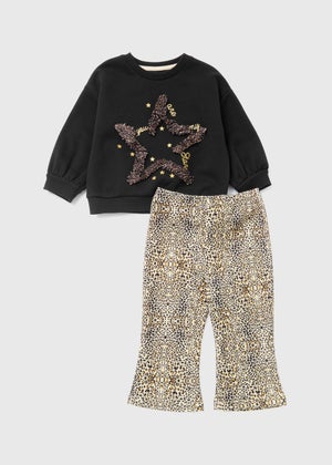 Girls Leopard Print Star Sweatshirt & Flared Leggings Set (9mths