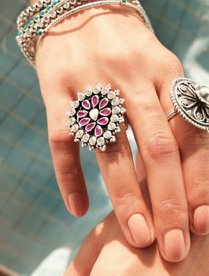 Women Silver Adjustable Oxidized Silver Silver Ring | Jaypore US