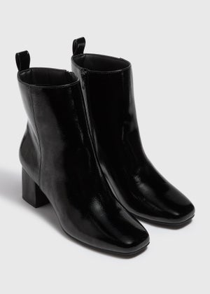 Patent Black Wide Fit Block Heel Boots Matalan