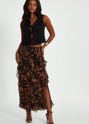 Quiz Brown Leopard Print Asymmetric Frill Maxi Skirt Matalan
