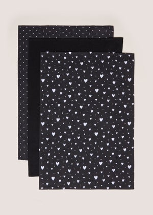 Black & White 3 Pack Heart Print Tea Towel