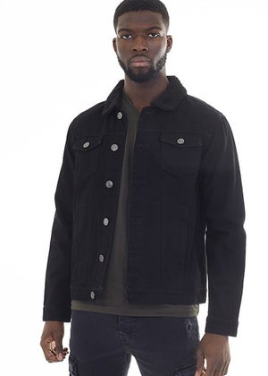 Mens black denim jacket borg collar hot sale