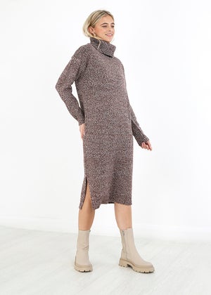 Brave Soul Brown Twisted Knit Roll Neck Midi Jumper Dress Matalan