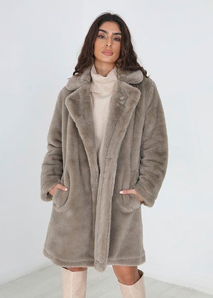 Brave Soul Taupe Double Breasted Faux Fur Coat Matalan