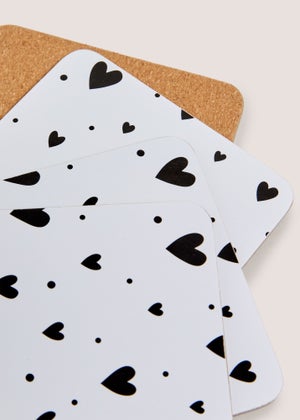 4 Pack White & Black Heart Cork Coasters