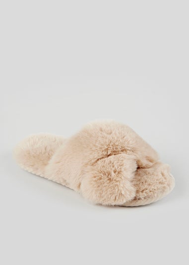 Natural Faux Fur Cross Strap Fluffy Slider Slippers