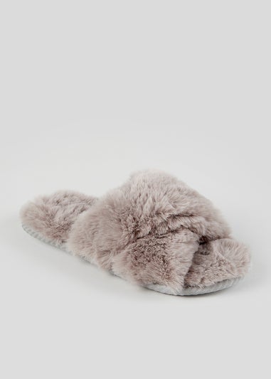 Grey Faux Fur Cross Strap Fluffy Slider Slippers