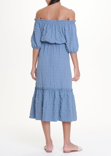 Blue Seersucker Bardot Midi Dress
