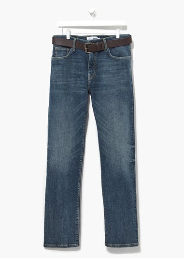 Blue Belted Stretch Straight Fit Jeans