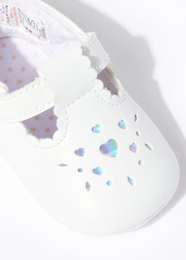 Girls White Heart T-Bar Soft Sole Baby Shoes (Newborn-18mths)