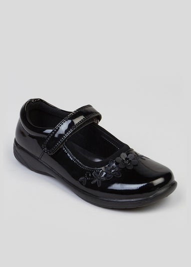 Girls Black Patent Flower School Shoes (younger 8-Older 3)