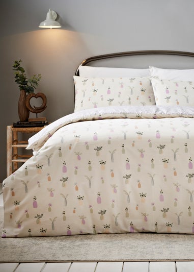 Reversible Cream Plant Print Duvet Cover