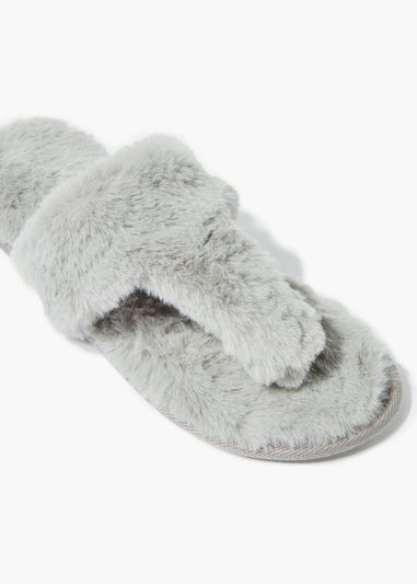 Grey Faux Fur Toe Post Slippers
