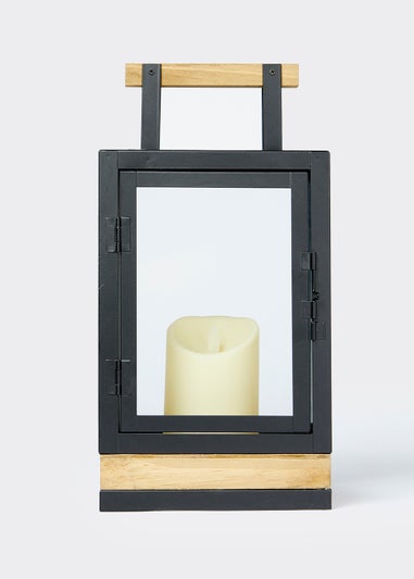 Black Wooden Lantern with LED Candle (17cm x 17cm x 34cm)