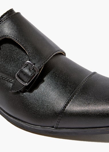 Black Faux Leather Double Buckle Monk Shoes