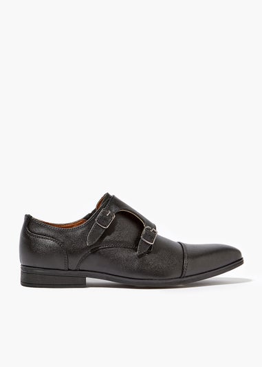 Black Faux Leather Double Buckle Monk Shoes