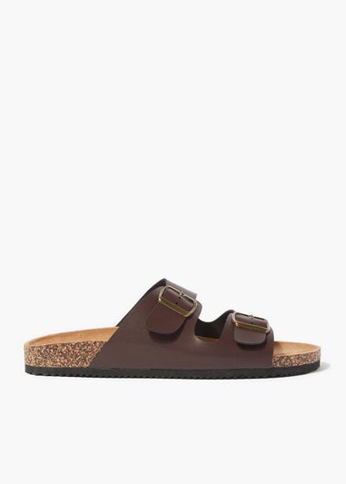 Brown PU Double Buckle Footbed Sandals