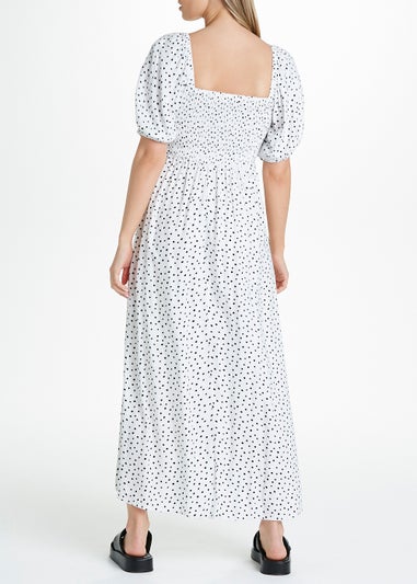 White Spot Shirred Midi Dress