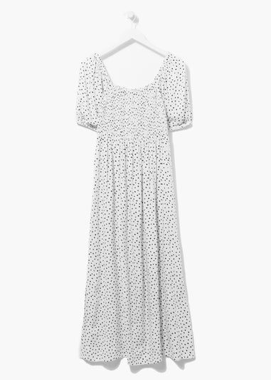 White Spot Shirred Midi Dress