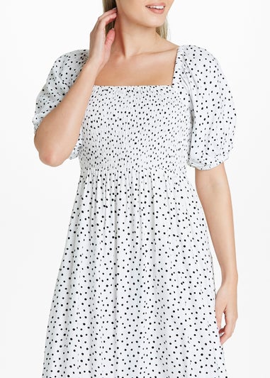 White Spot Shirred Midi Dress