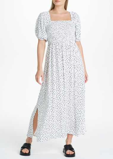 White Spot Shirred Midi Dress