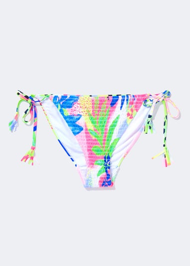 Tropical Print Shirred Tie Side Bikini Bottoms