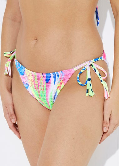 Tropical Print Shirred Tie Side Bikini Bottoms