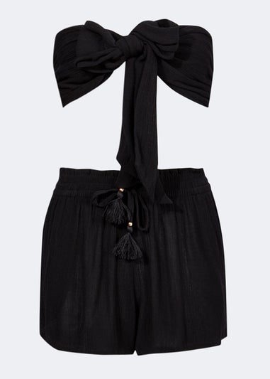 Black Tie Front Beach Bandeau Top & Shorts Set