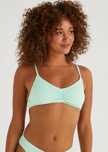 Mint Ruched Front Crinkle Cropped Bikini Top