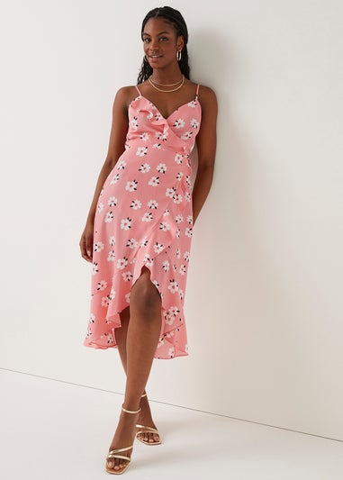 Be Beau Pink Floral Mock Wrap Midi Dress