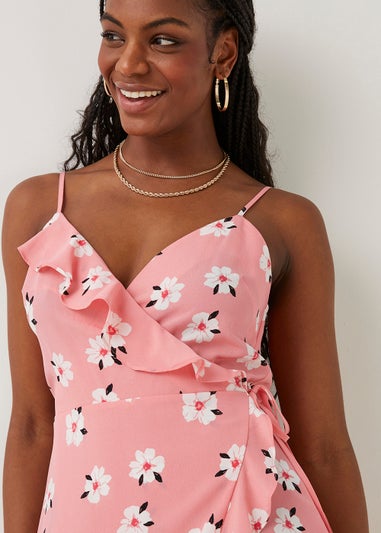 Be Beau Pink Floral Mock Wrap Midi Dress