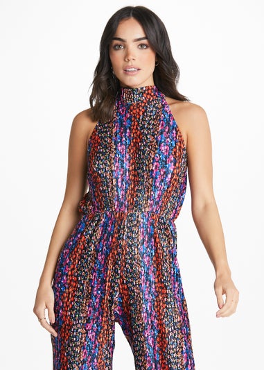 Be Beau Print Plisse Halter Neck Jumpsuit