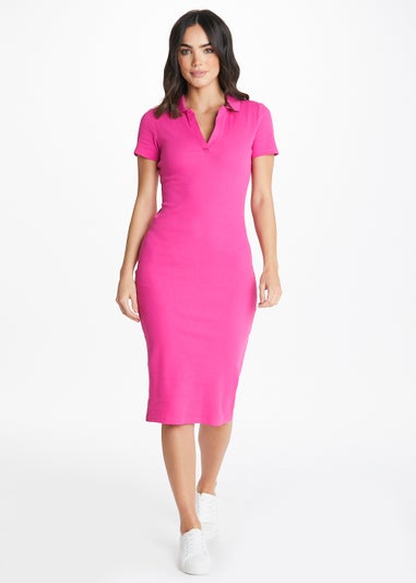 Be Beau Pink Ribbed Collar Midi Dress