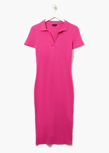 Be Beau Pink Ribbed Collar Midi Dress