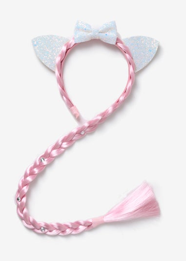 Girls Pink Cat Ear Fake Plait Headband