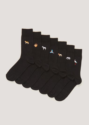 7 Pack Black Embroidered Animal Socks