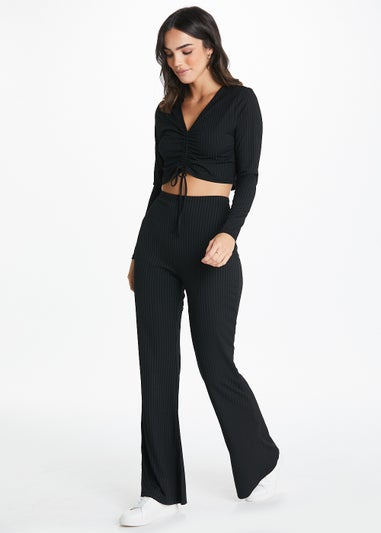 Be Beau Black Ruched Long Sleeve Ribbed Co-Ord Top