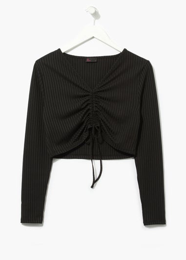 Be Beau Black Ruched Long Sleeve Ribbed Co-Ord Top
