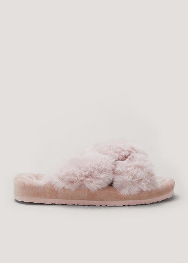 Pink Faux Fur Knot Footbed Slippers
