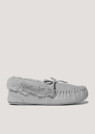 Grey Faux Fur Moccasin Slippers