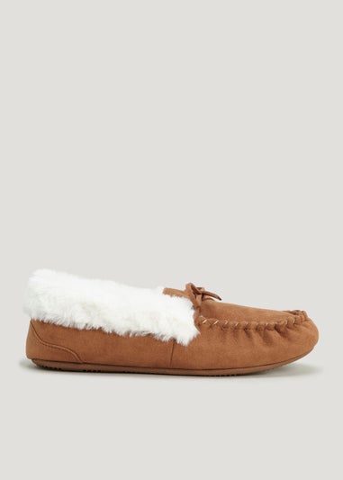 Tan Faux Fur Moccasin Slippers