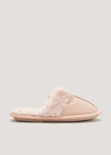 Pink Suede Faux Fur Trim Mule Slippers