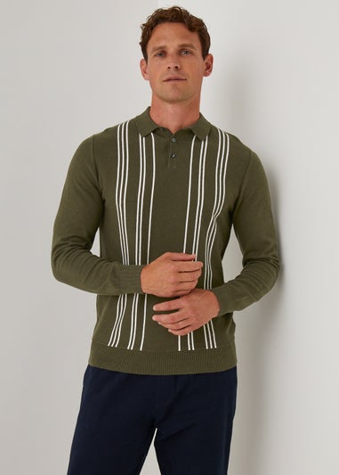 Khaki Stripe Long Sleeve Polo Shirt